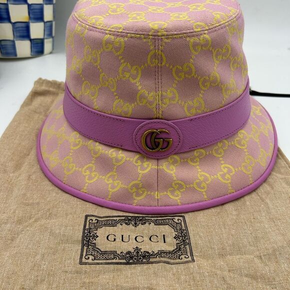 Women's Gucci GG canvas/leather bucket, hat, size large made in Italy - Picture 2 of 9